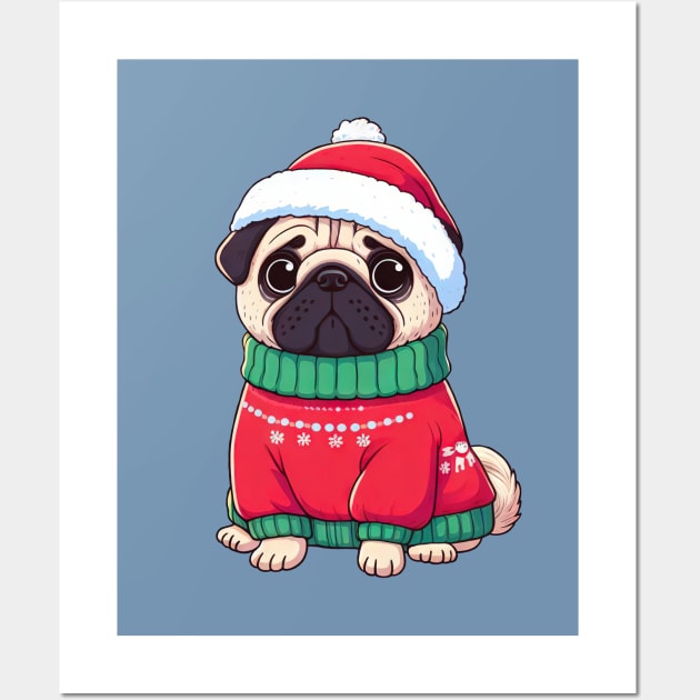 Cute Christmas Pug in Sweater Wall Art by Takeda_Art